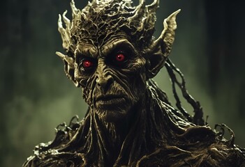 AI generated illustration of a sinister creature with fiery red eyes and a wild mane of spiky hair