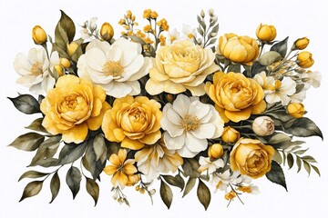 watercolor yellow flowers with leaves, watercolor designs for weeding cards on white background, perfect for cards, greetings and invitations