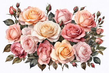 watercolor roses and leaves, pastel pink and beige blooms, white background, framework for invitations and cards