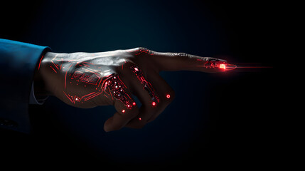 A robotic human hand points with a glowing edge on its finger against a black background. - obrazy, fototapety, plakaty