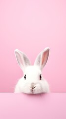 Obraz premium White rabbit pick up on a light pink background with copy space. Easter minimalistic concept with copy space. Cute pet for background, poster, print, design card, banner, flyer
