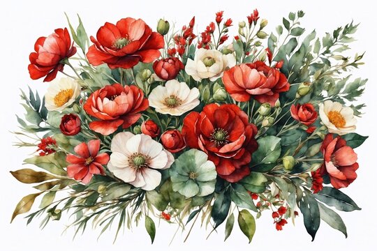 watercolor red wildflowers, designs on white, framework for cards, greetings, and invitations