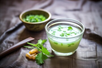 Obraz na płótnie Canvas glass bowl of edamame soup with sprig of cilantro