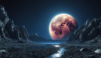 Full bright brilliant moon hanging over the sea and mountains. AI generated