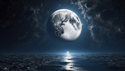 Full bright brilliant moon hanging over the sea and mountains. AI generated