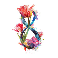Beautiful vector card with watercolor flowers and number eight. Illustration. Happy women's day