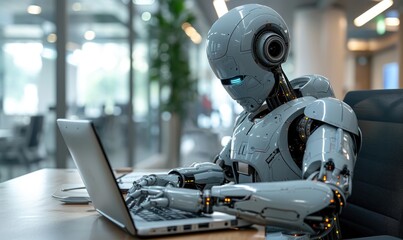 A robot works with a laptop in an office setting