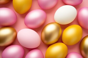 Colorful easter eggs pattern on light pink background. Pastel colors. Happy Easter concept. Simple spring pattern for greeting card, banner, poster. Top view, flat lay