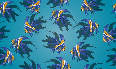 Seamless pattern of ornamental fish. colorful ocean blue background.