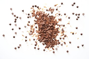glossy chocolate chips scattered on white background