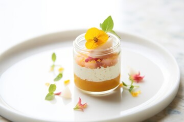 peach and raspberry tartare in small glass, yogurt base