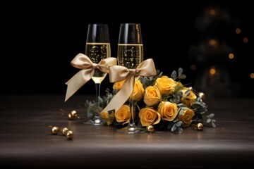 Bubbly glasses adorned with golden yellow blooms and ribbon. Generative Ai.