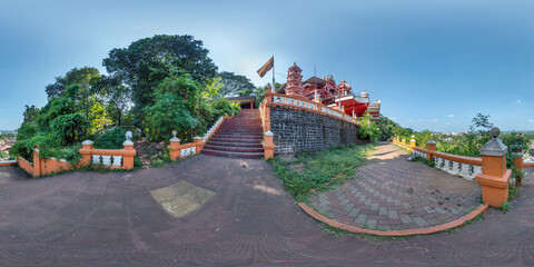 full hdri 360 panorama near red hindu maruti temple of ape goddess hanuman on high mountain in...
