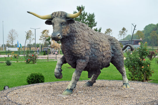 Pidhirya village, Ivano-Frankivsk region, Ukraine - September 26, 2023: Full-size concrete statue of bush bull (Euceratherium) at Land History Park.