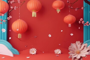 Obraz na płótnie Canvas 3d China new Year upon golden color floating clouds with hanging lanterns background, Happy New Year