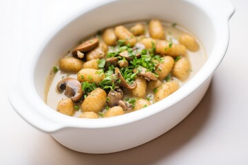 gnocchi with mushroom sauce in a white pot