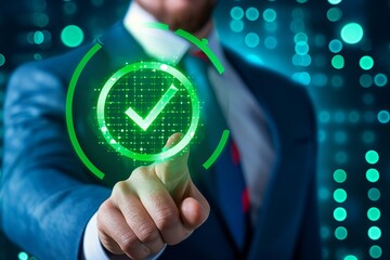 compliance, certification or audit concept close up detail of a business man pointing to digital hologram of green complience "tick" symbol