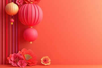 3d China new Year   upon golden color floating clouds with hanging lanterns background, Happy New...