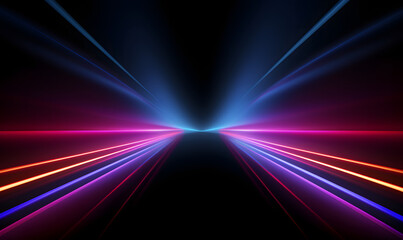 Fototapeta na wymiar Neon futuristic flashes on black background. Motion light lines backdrop. Multicolored hyperspace tunnel for banners, postcards, illustrations.