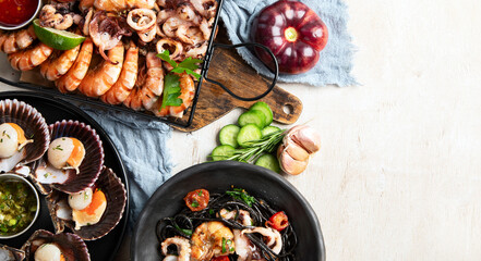 Assortment variousfish dishes - octopus, shrimp, crab, seafood, mussels, salmon.