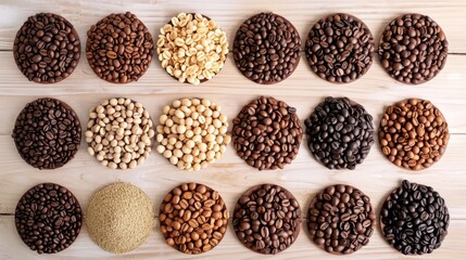 Assorted Coffee Beans and Grains on Wooden Surface - Powered by Adobe
