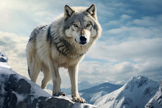 Brown wild wolf standing on the top of  mountain in winter