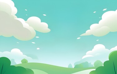 Cartoon landscape with puffy clouds and fields