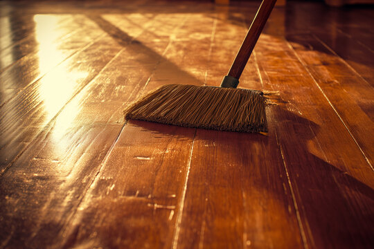 Sweeping hardwood floor, wooden background