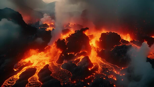 Experience the primal energy of a raging volcano as seen through the lens of a drone, with cascading lava and plumes of ash dominating the landscape.