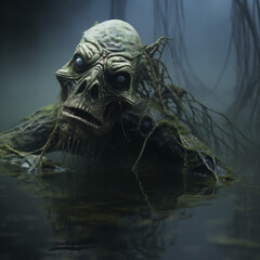 Fototapeta na wymiar A creepy Merman Swamp creature emerges from the swamp