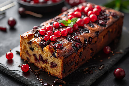 Food photography of a modern fruitcake made with lot of candied and dried fruits making the cake tasty and colorful