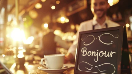 Fotobehang Coffee cup in a cafe in morning light and sign with written french word Bonjour meaning Hello and waiter in France © Keitma