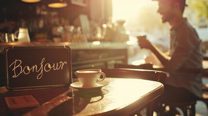 Coffee cup in a cafe in morning light and sign with written french word Bonjour meaning Hello and waiter in France - obrazy, fototapety, plakaty