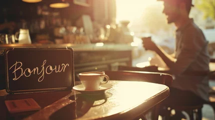 Poster Coffee cup in a cafe in morning light and sign with written french word Bonjour meaning Hello and waiter in France © Keitma