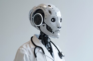 A photo of a robotic doctor dressed in a white shirt with a stethoscope
