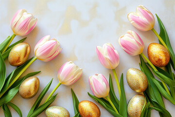 Obraz na płótnie Canvas Easter celebration with golden eggs and tulips