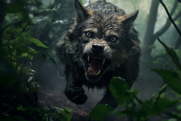Black danger wild wolf in the forest
