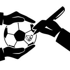 Autograph on the ball. Athlete gives an autograph, signingon a soccer ball. Holding the ball and the pen in hands. Vector illustration flat design. Isolated on background. - obrazy, fototapety, plakaty
