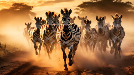 A herd of zebras running in the African savanna