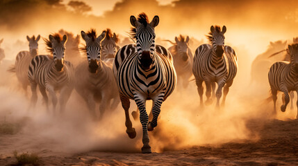 A herd of zebras running in the African savanna