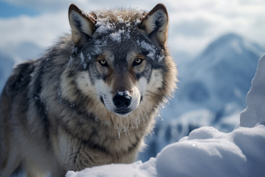 Innocent gray wolf in snow at morning