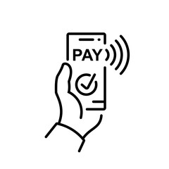 Payment with smartphone black line icon. Mobile payment icon icon for apps and websites. Phone in hand. Vector illustration flat design. Isolated on white background. Contactless purchase.