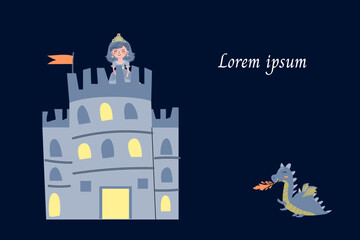 cute fairy tail dragon and castle invitation banner. Vector illustration on dark blue background. 