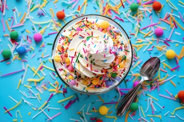 overhead shot of ice cream sundae topped with colorful sprinkles