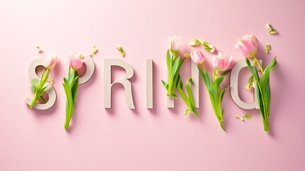 Text "SPRING" Contained spring flowers with copy space. 