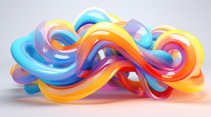 Abstract 3D rendering of rainbow colors twisted into circular structures on various colorful backgrounds. Beautiful, sparkling multi-colored ribbons