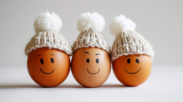 Triplet of smiling Easter eggs, each topped with a cozy knit pom-pom hat, presenting a picture of unity and warmth, perfect for a family-friendly Easter decor