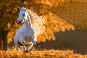 a beautiful Arabian horse runs in the autumn and flutters its mane in the evening at sunset