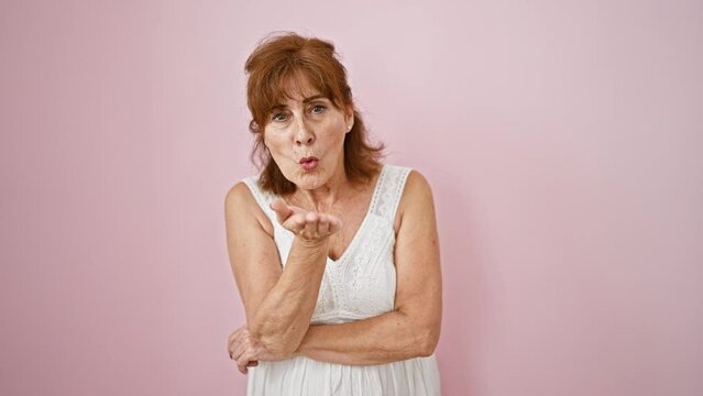 Adorable middle age woman standing, in a sexy dress, blows love into the air! a kiss for the camera, her lovely expression over an isolated pink background.