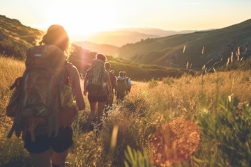 climbers who descend from the mountain with the hot sun ore on it generative ai